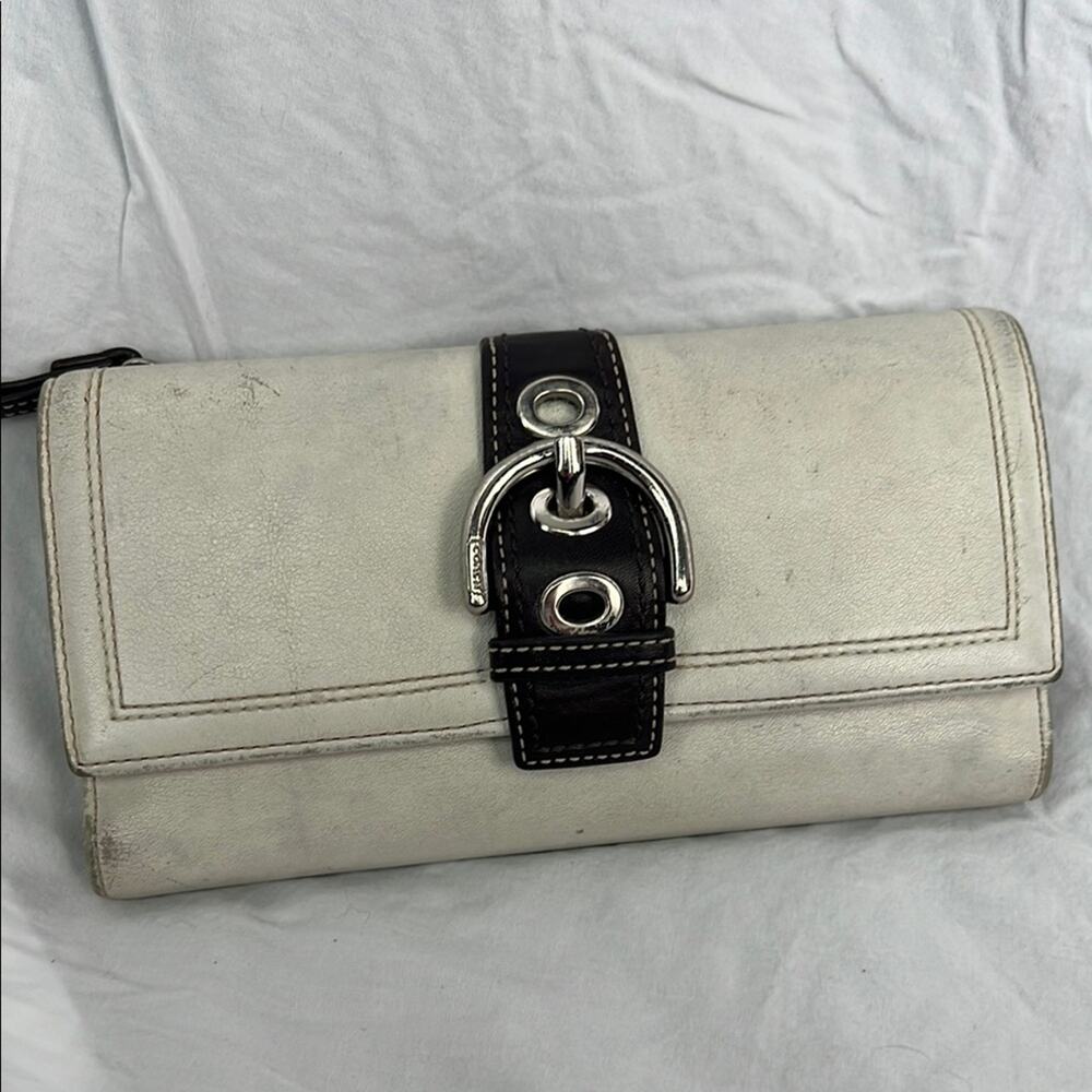 Coach White and Dark Brown Clutch with Silver Accent